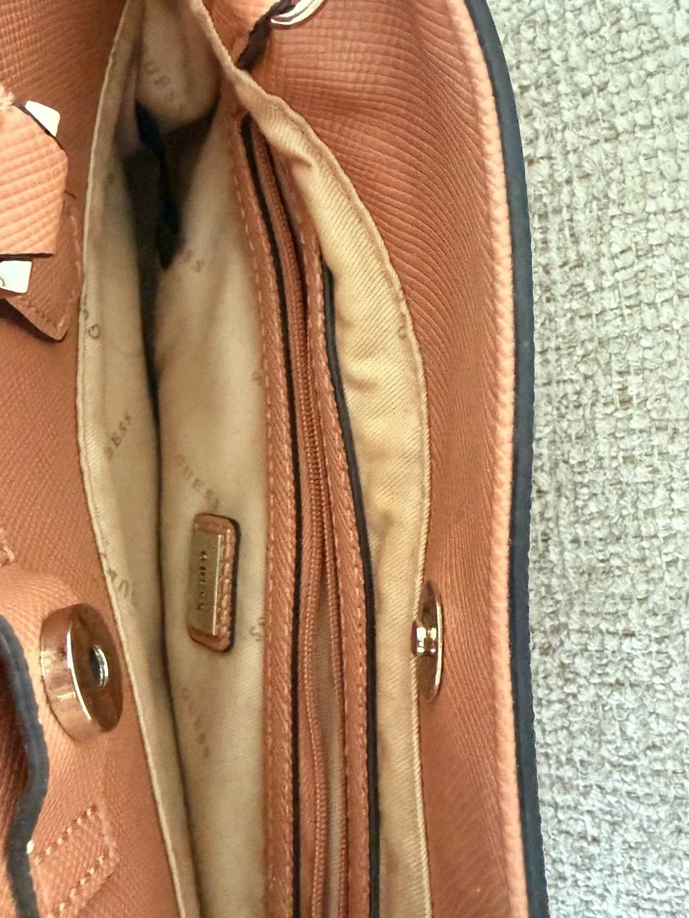 GUESS Taupe Satchel with Tan Handles and White Sides